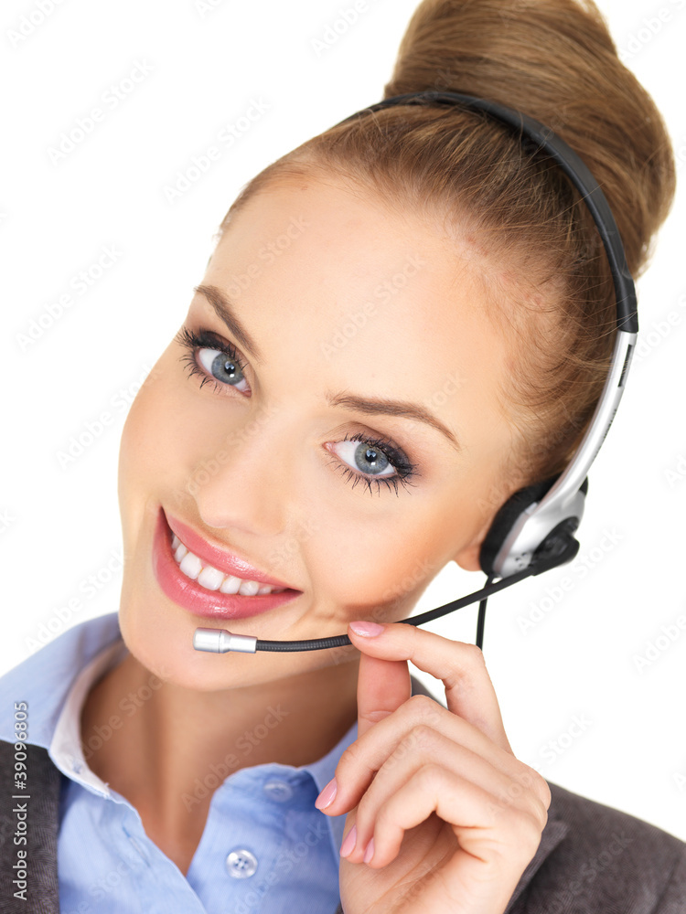 Pretty female businesswoman talking headset Pretty female businesswoman talking headset