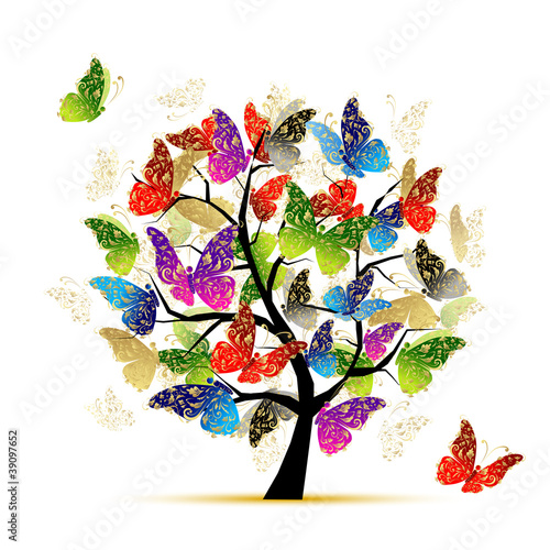 Art tree with butterflies for your design
