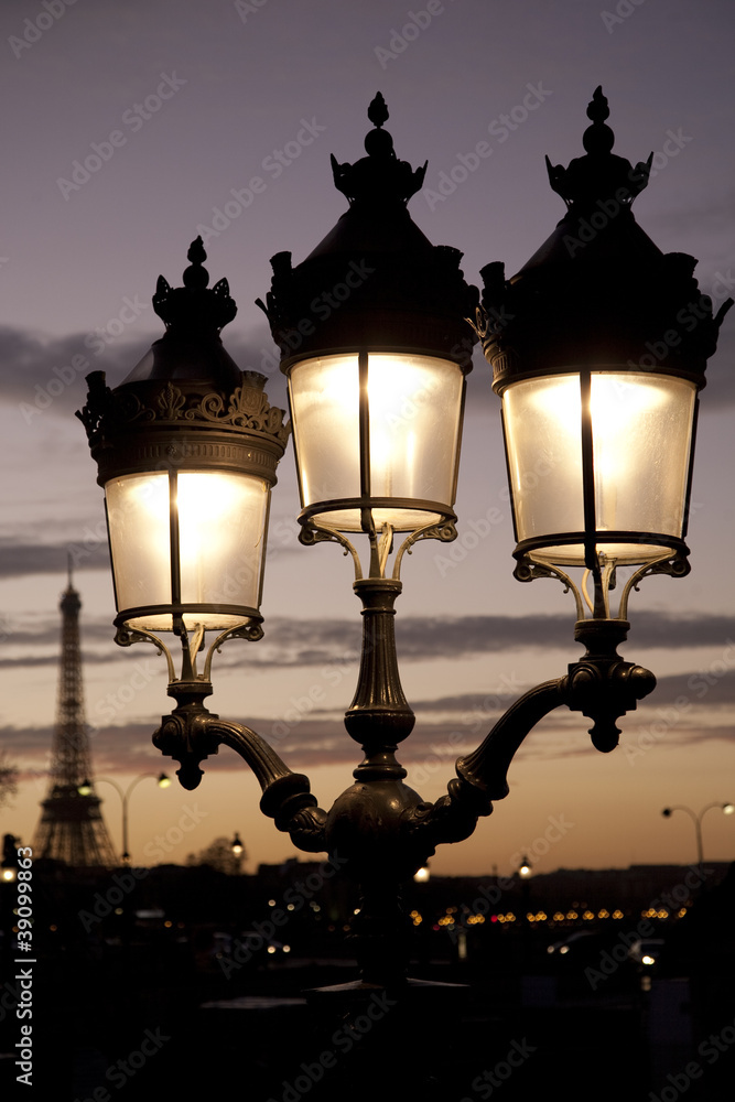 Eiffel Tower and illuminated at night in Paris, France