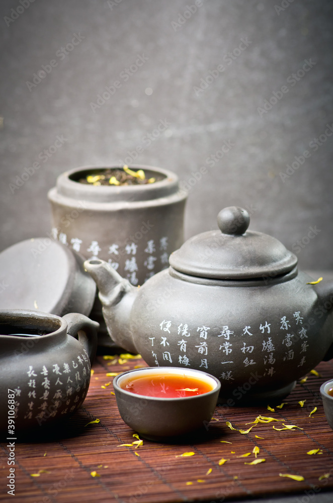 Tea ceremony on gray background