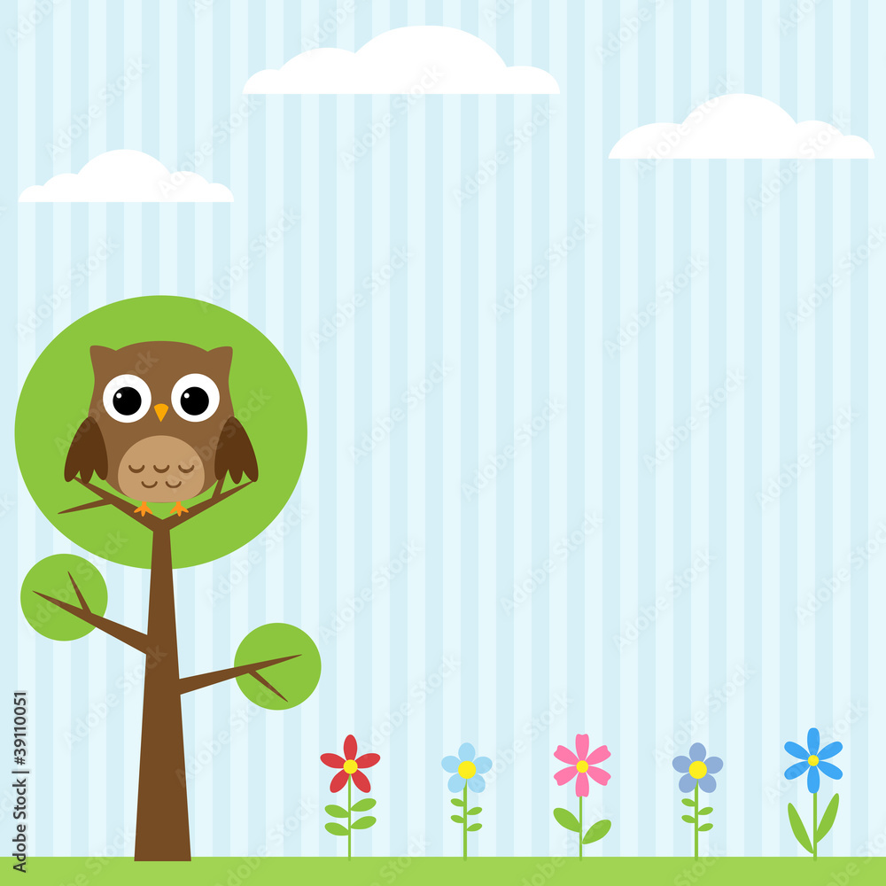Fototapeta premium Background with flowers and owl sitting on the tree