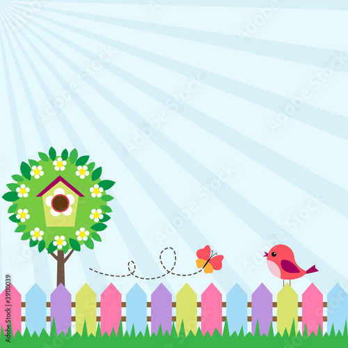 Background with bird and flying butterfly near blooming tree
