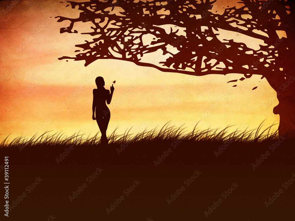 Silhouette of a girl with a butterfly and tree Silhouette of a girl with a butterfly and tree