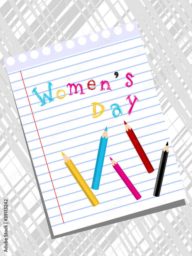A Women's Day text write on the page with colorful pencil. A Women's Day text write on the page with colorful pencil.
