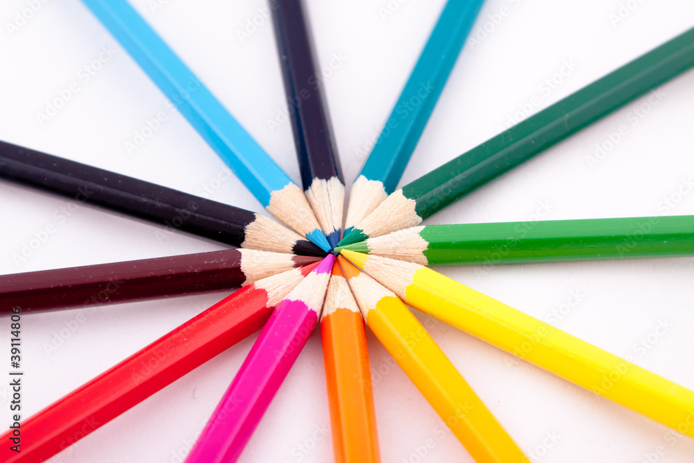 Color pencils on white isolated background