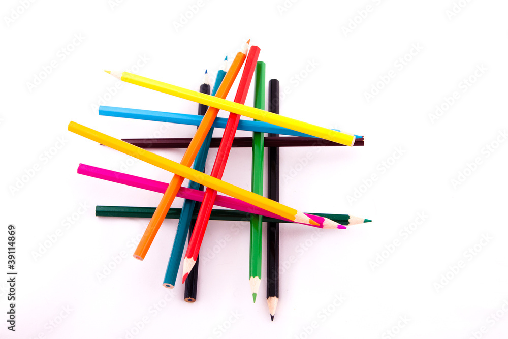 Color pencils on white isolated background