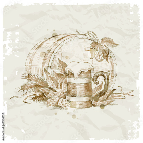 Hand drawn still life with hop, mug of beer and wheat