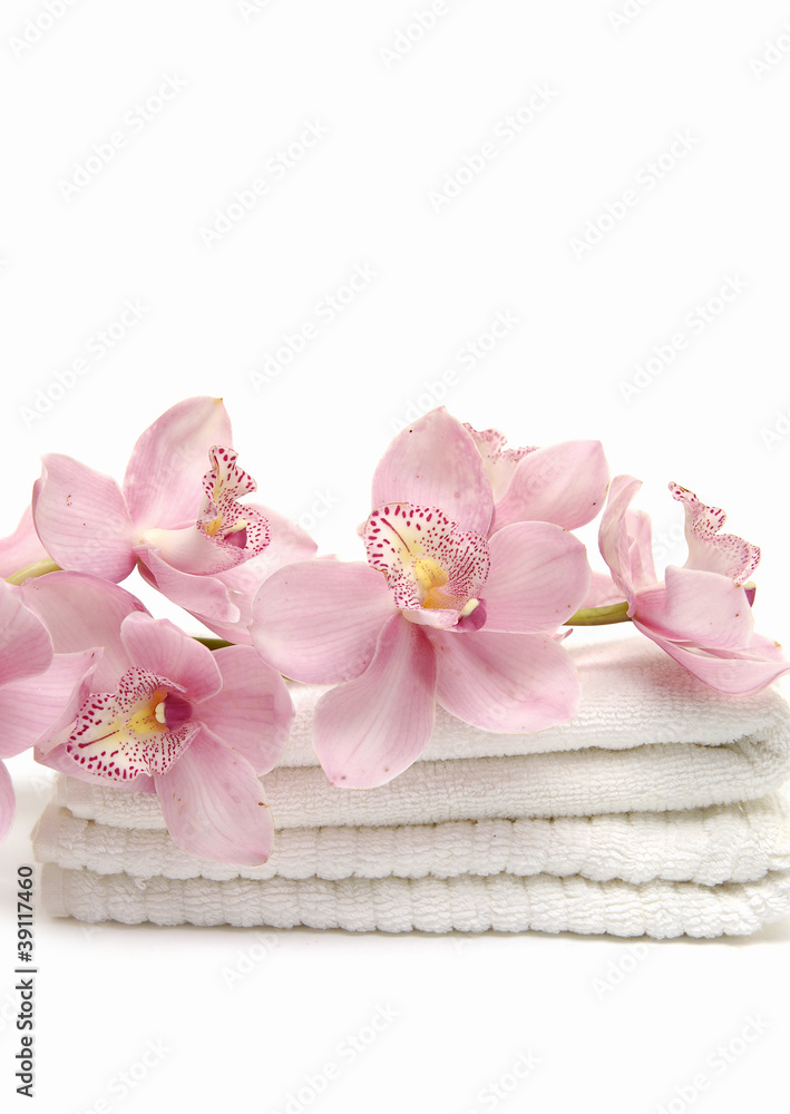 beautiful branch pink orchid on towel beautiful branch pink orchid on towel