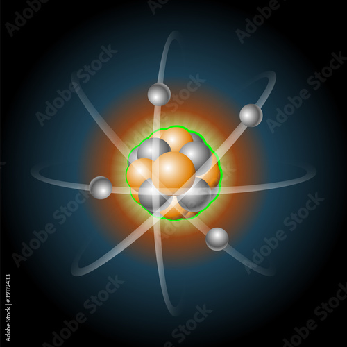 atom with nucleus of protons and electrons