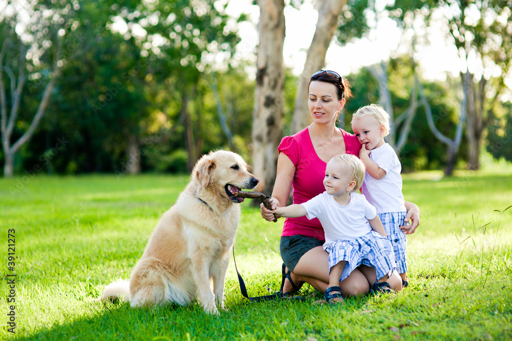Mother and her two sons in the park with a golden retriever