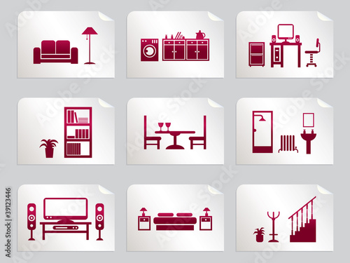 Room stickers red and white vector clipart peelies kitchen office stairs dining lounge bathroom icons