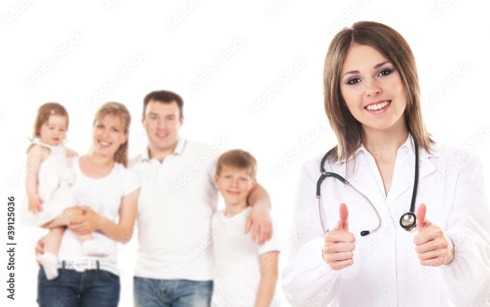 A young and smart female doctor in front of a happy family