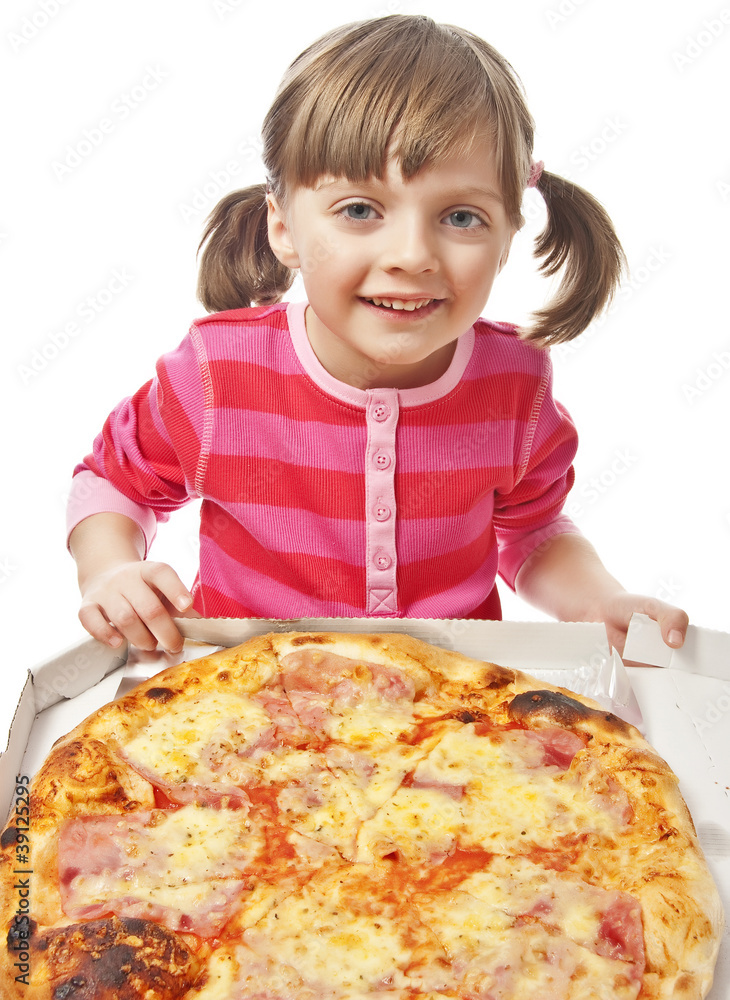 happy little girl with pizza in a paper box happy little girl with pizza in a paper box