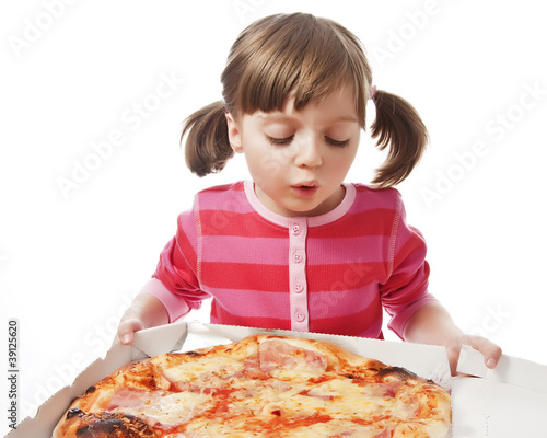 happy little girl with pizza in a paper box - white background