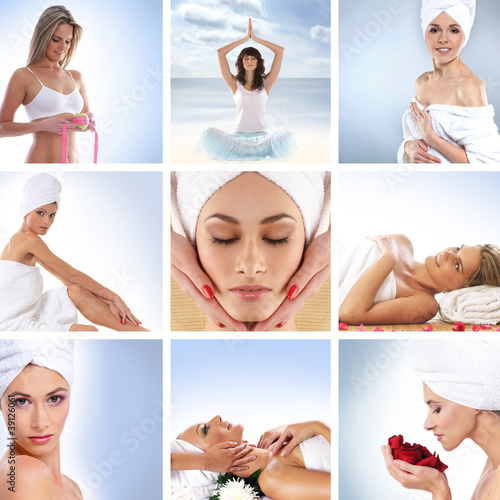 A spa collage of images with young woman and body parts