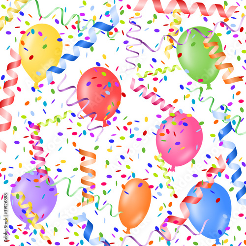 colorful paper streamers with confetti and balloons