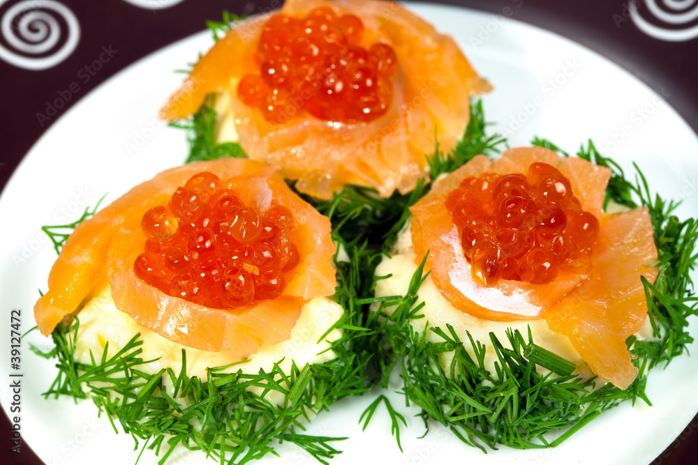 Snack with salmon and red caviar Snack with salmon and red caviar