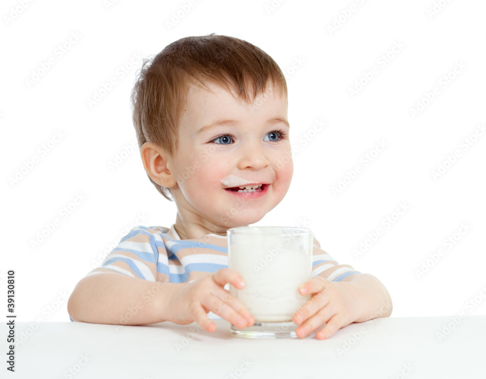 little child drinking yogurt or kefir over white little child drinking yogurt or kefir over white