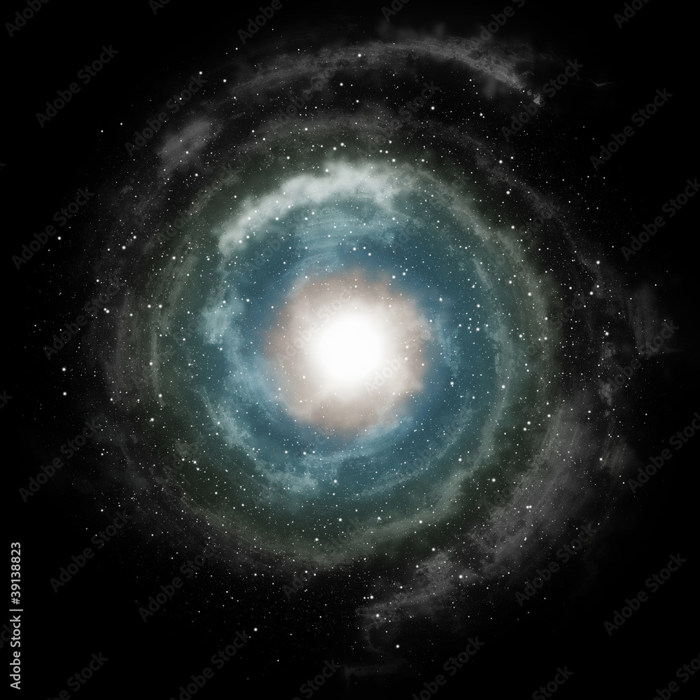 Spiral galaxy against black space and stars in deep outer space