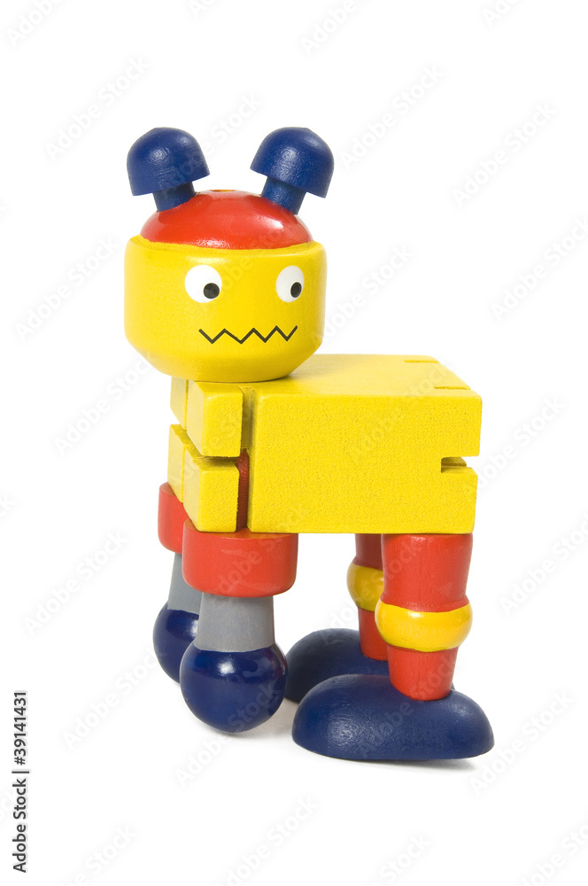 Wooden robot bending forward on a white background. Wooden robot bending forward on a white background.