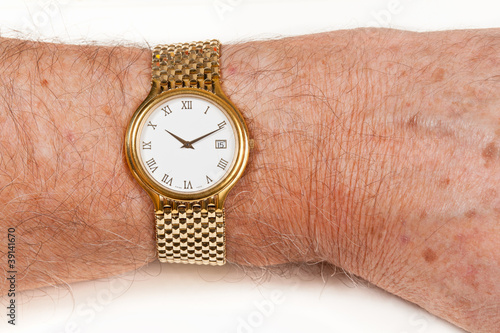 Gold watch with white face on hairy wrist