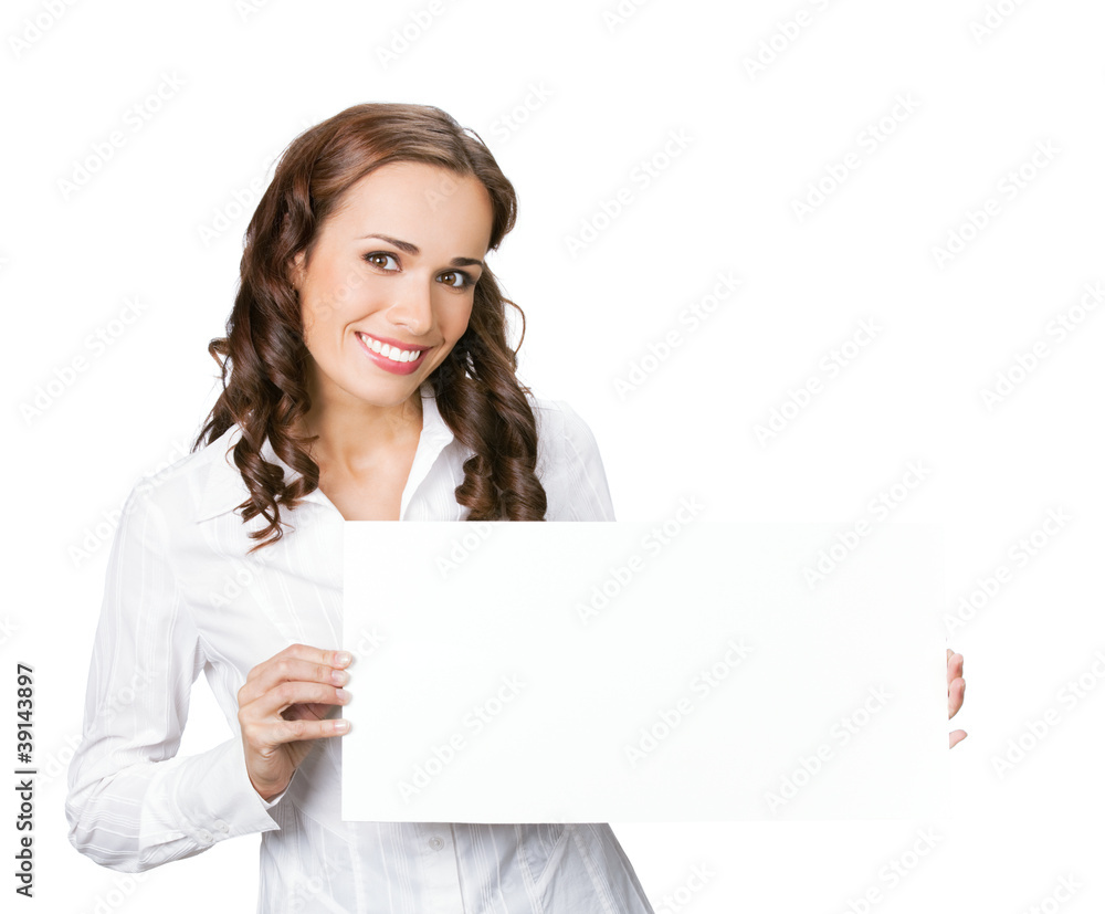 Businesswoman showing blank signboard, isolated Businesswoman showing blank signboard, isolated