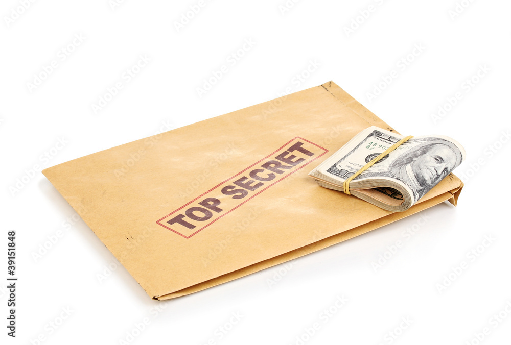 Dollar banknotes and top secret envelope isolated on white Dollar banknotes and top secret envelope isolated on white