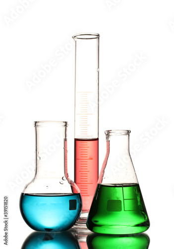 Three flasks with color liquid and with reflection isolated