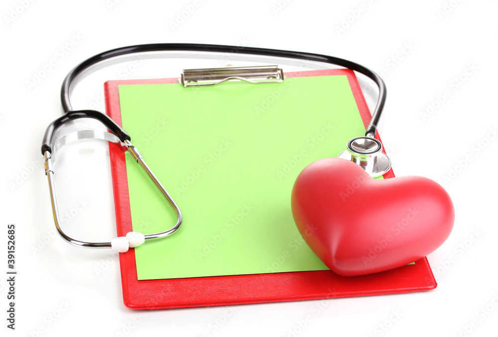 Stethoscope, heart and blank clipboard isolated on white Stethoscope, heart and blank clipboard isolated on white