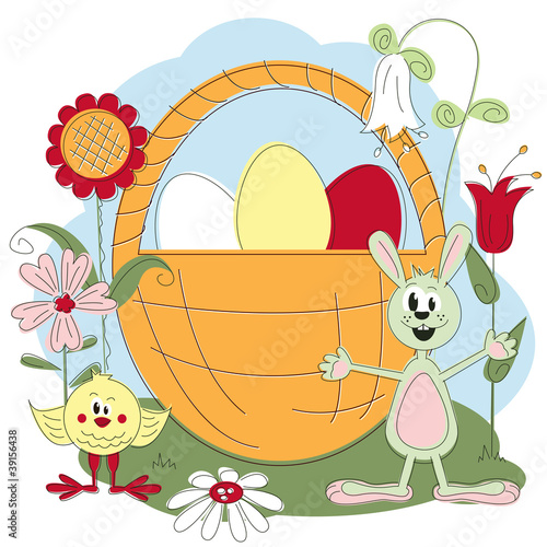 Easter greeting card with cnicken and rabbit