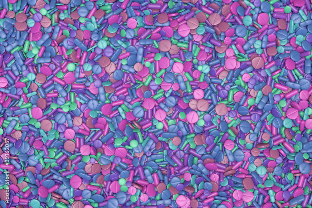 top view of many different drugs in blue and pink top view of many different drugs in blue and pink
