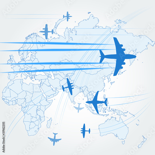 Transport and civil airplanes paths over the map of the world