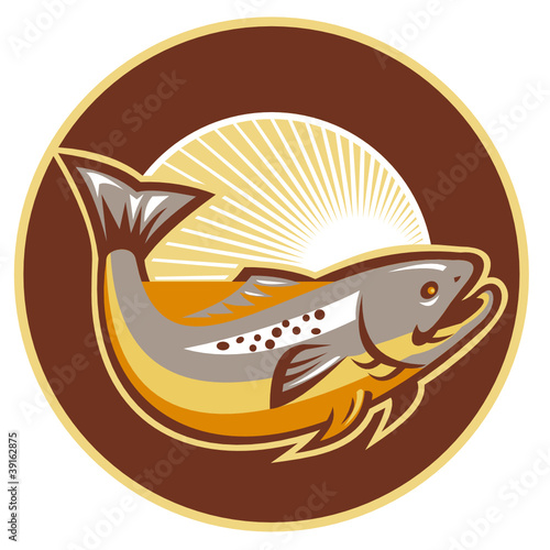 Trout Fish Jumping Sunburst Circle