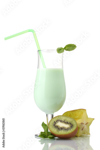 Milk shake with kiwi and corambola isolated on white photo