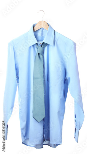Blue shirt and tie on wooden hanger isolated on white