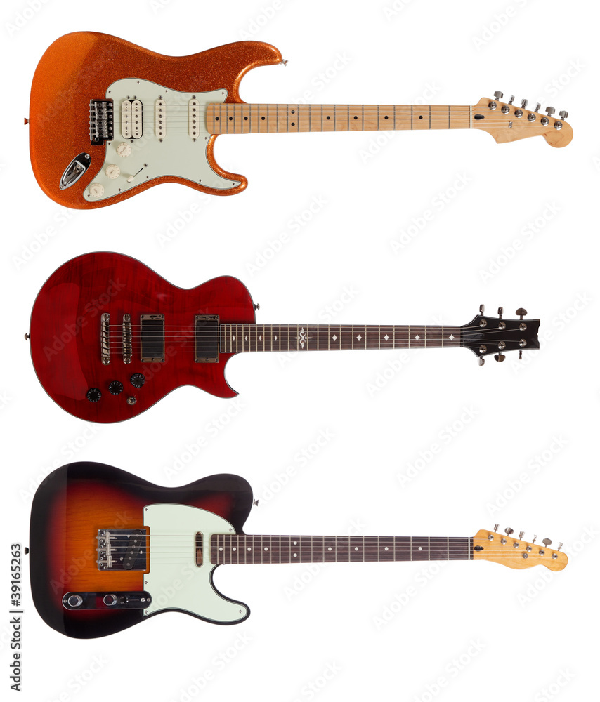 Fototapeta premium Group of Three Electric guitars on white background