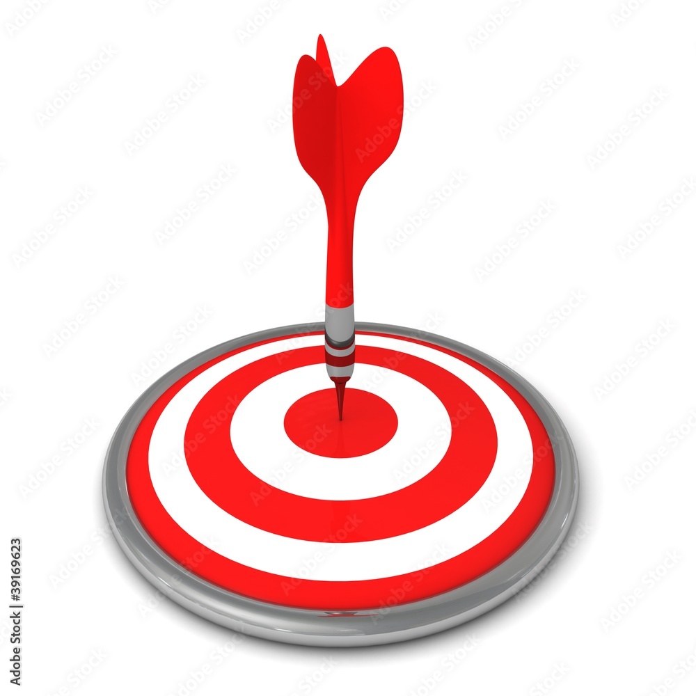 Red Dart Successfully Hitting A Target On White Background Red Dart Successfully Hitting A Target On White Background