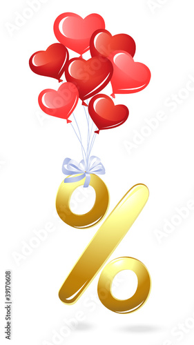 Gold percentage symbol with heart balloons