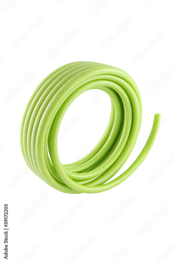 Vertical roll of green pvc garden hose on white background. Vertical roll of green pvc garden hose on white background.