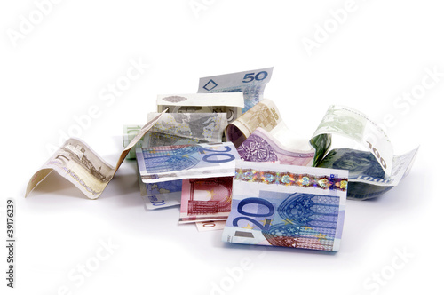 Euro and zlot banknotes on a table