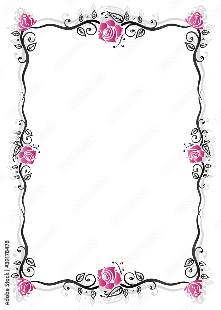 Rosen, Ranke, flora, Blumen, Rahmen, schwarz, pink Stock-Vektorgrafik |  Adobe Stock