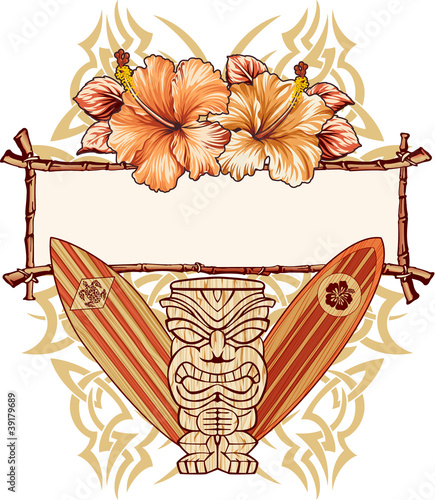 Tiki, surfboards and hibiscuses