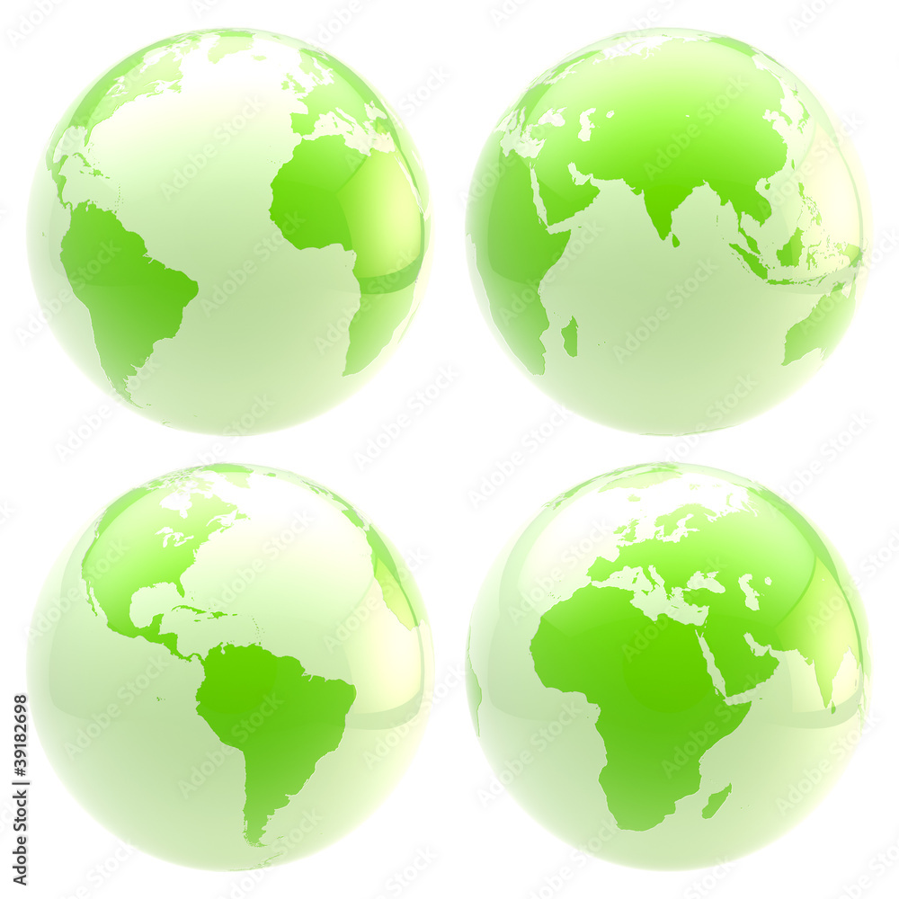 Eco green planet: set of four glossy globes