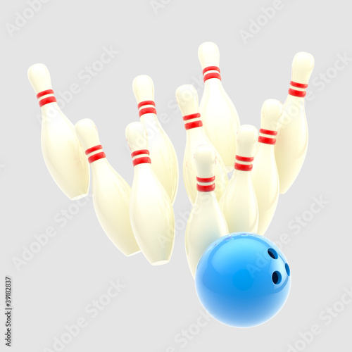 Bowling blue ball smashing to pins isolated