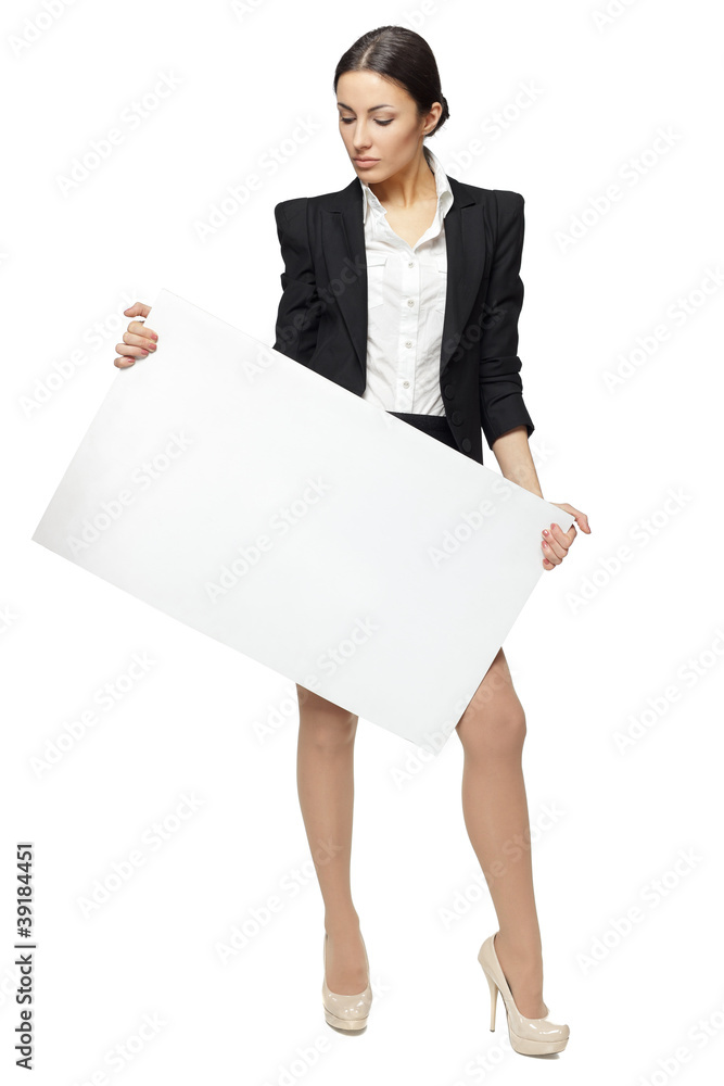 Full length of business woman holding the blank banner Full length of business woman holding the blank banner