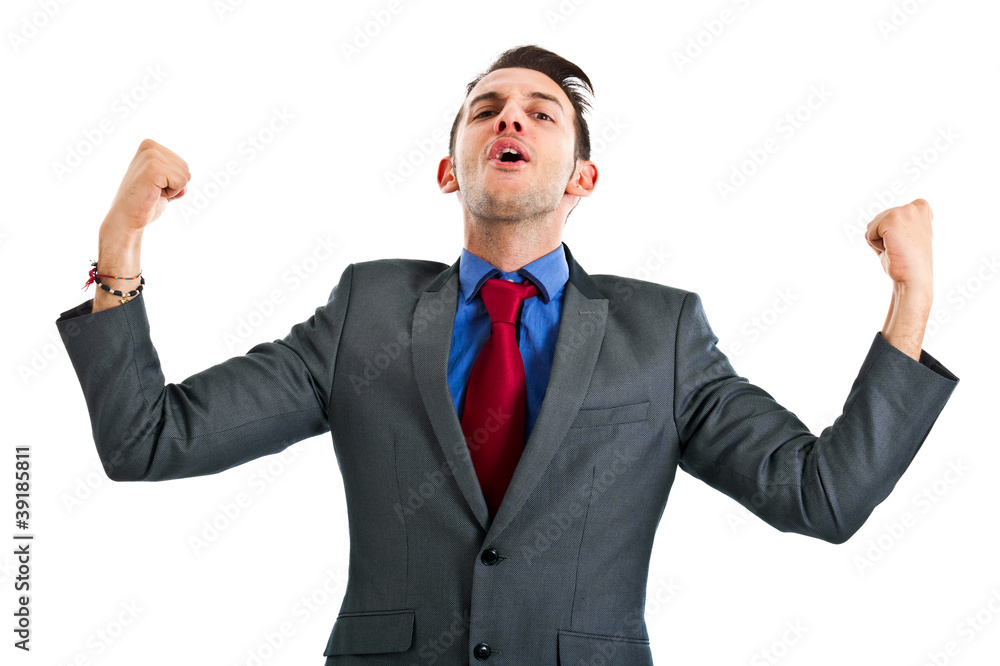Victorious businessman with raised arms Victorious businessman with raised arms