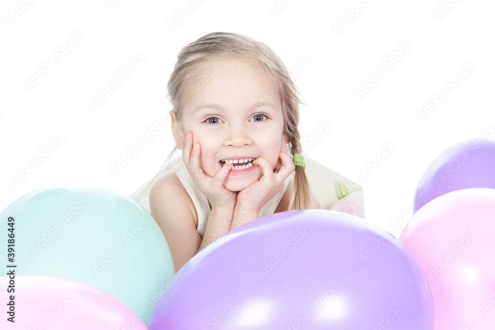 Little blonde girl with balloons in studio Little blonde girl with balloons in studio