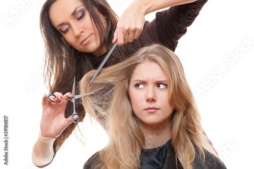 dissatisfied model in hairdressing salon