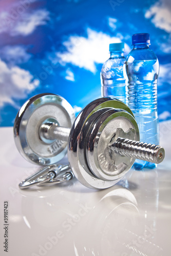 fitness barbell and water