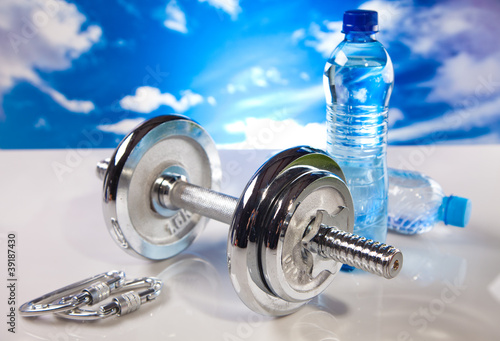 fitness barbell and water